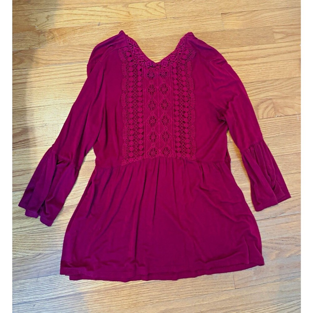 John Paul Richard Red Solid Lace Accent V-Neck Tunic Blouse Long Sleeve M